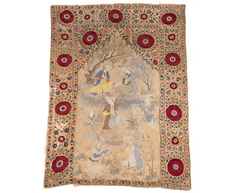 A Suzani wall hanging With a wide border and a central arched cartouche with a painted Persian figural scene of gardeners at 