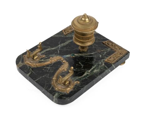 A 19th century French Empire style desk stand With a brass inkwell, pen stand and mounts, raised on a marble base with machin