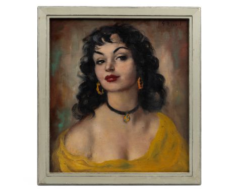 Georgette Nivest A portrait of a lady in a yellow dress and red lipstick, oil on canvas laid on board, signed upper right 'G 