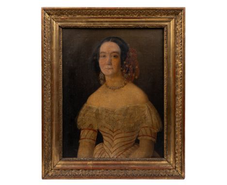19th century British School A portrait of a lady in a white and red dress, oil on canvas.35cm x 27cmQty: 1Stretcher marks on 
