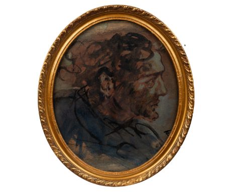 20th century British School A portrait of a man in profile, watercolour on paper, initialled lower right 'TC', set in a gilt 