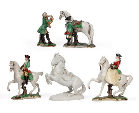 Five porcelain equestrian figurines Four Nymphenburg Bavarian equestrian figurines; together with an Austrian Blanc de Chine 