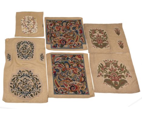 A group of needlework seat covers Worked in tapestry on a cloth cround in tent stitch, to include seat, back and arm designs,