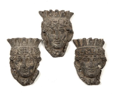 A set of three 19th century lead hopper decoration mounts In the form of Queen's heads.Each 11cm wide x 16cm highQty: 3Surfac