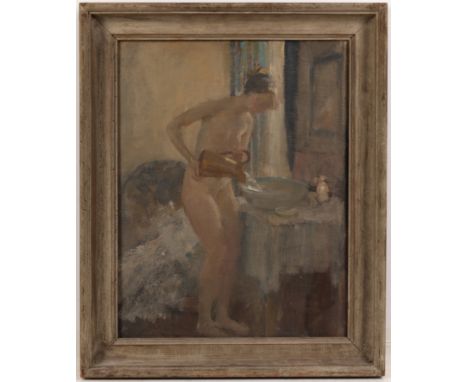 Walter Ernest Webster (British 1878-1959) Standing nude with basin, oil on canvas, studio stamp verso signed by S.B. Pearce (