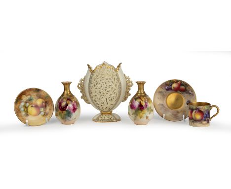 Five pieces of Royal Worcester porcelain Consisting of a pair of rose-decorated small vases; a coffee cup and saucer, the cup