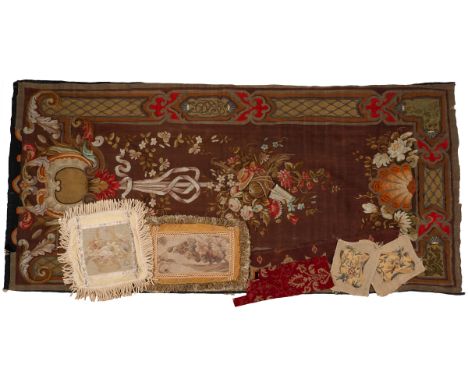 A collection of textiles To include a large an antique Aubusson tapestry panel with metallic thread details; a pair of floral
