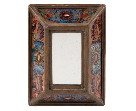 A small Peruvian mirror With a reverse glass painted cushion frame.22.5cm x 16cmQty: 1Light wear commensurate with age and us
