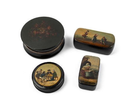 A collection of four antique snuff boxes The lot to comprise an 1830s circular snuff box, the lid with a hand-painted portrai