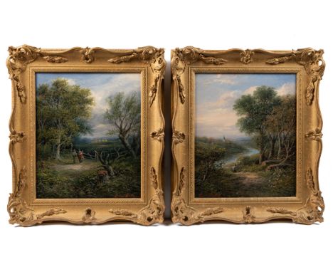 Edwin Buttery (1839-1908) A pair of rural scenes: a farmer on a riverbank and a couple by a gate in woodland, both signed 'Ed