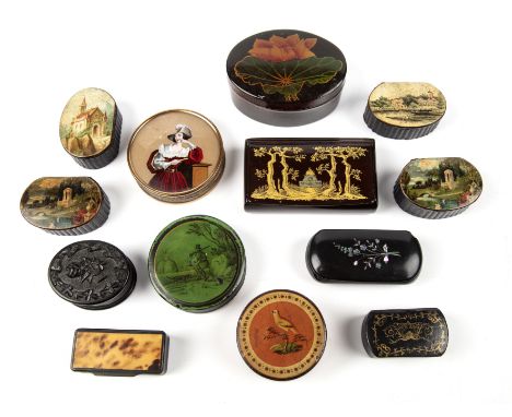 A collection of thirteen snuff boxes The lot to comprise four Victorian papier-mâché snuff boxes of oval form with reeded bod