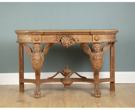A modern Italian hardwood classical-style console table With a shaped D-end front, the frieze carved with scallop shells rais