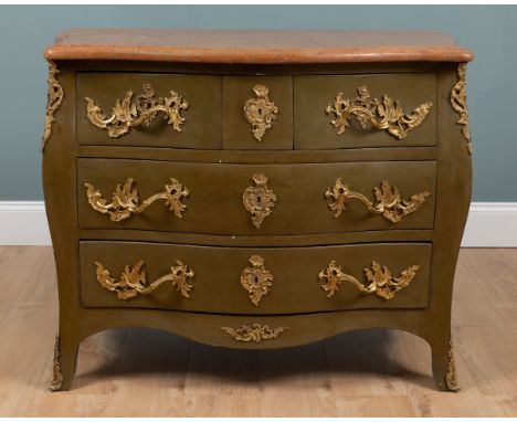 A Louis XV serpentine bombe commode Painted green with ormolu Rococo mounts.112cm wide x 64cm deep x 89cm high.Qty: 1The Esta