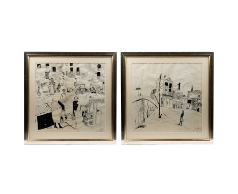 Evanya O'Boyle A pair of pen and ink sketches. The first 'Moore Street Dublin', titled, signed and dated lower right; the sec