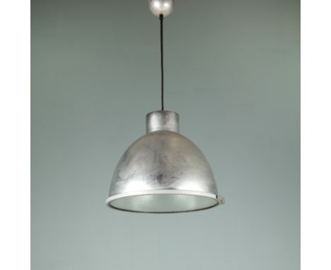 A spun aluminium and glass hanging light fitting The industrial style light fitting of domed form.40cm diameter x approximate