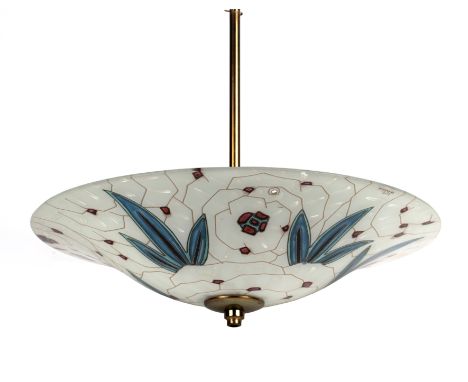 A 1930s Maxouade Paris enamelled glass lampshade With leaf painted decorated and brass fittings for attachment to the ceiling