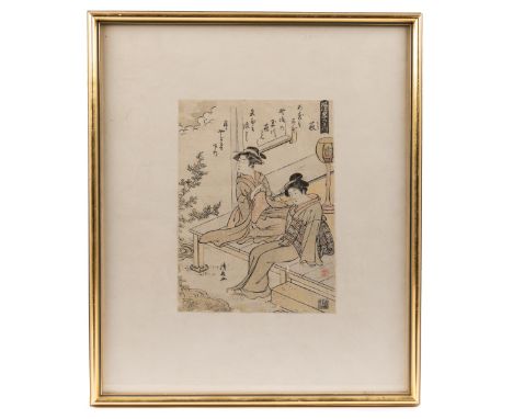 Torii Kiyonaga (1752-1815) Koban, two women resting on a verandah, with poem text above and the seal of the Hayashi collectio
