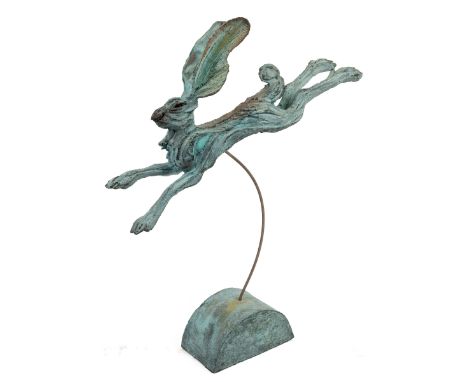 Pierre Diamantopoulo (1952-) Leaping Hare, ceramic and iron with a copper oxide finish, signed 'Pierre D' numbered '1/1' and 