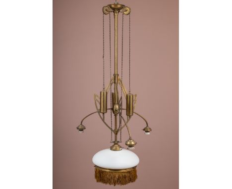 A Jugenstil style pendant lamp With decorative brass counter weights between three branches, above an opalescent glass shade 