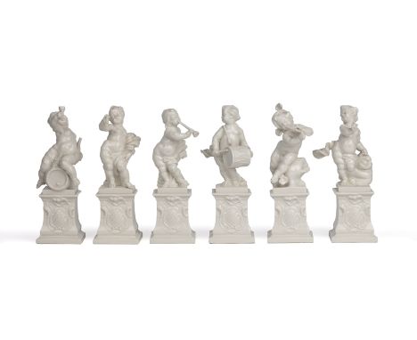 Nymphenburg Blanc de Chine porcelain cherub figures Each playing instruments, standing on plinth basesEach 16.35cm highQty: 6