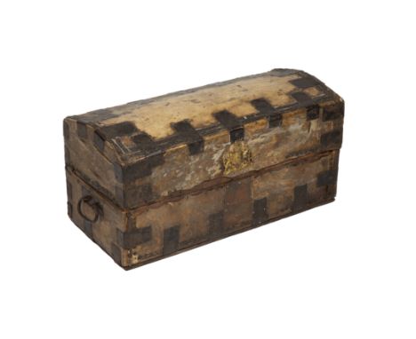 An early 19th century pony hide domed-top trunk  With studded borders and iron mounts.70cm wide x 32cm deep x 35cm highQty: 1