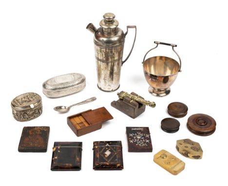 A collection of bijouterie and other decorative items Snuff boxes, calling card cases, a silver plated cocktail shaker, a sma