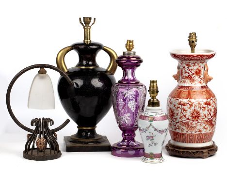 A collection of five table lamps A modern Chinese porcelain vase converted to a table lamp on a wooden base; an amethyst glas