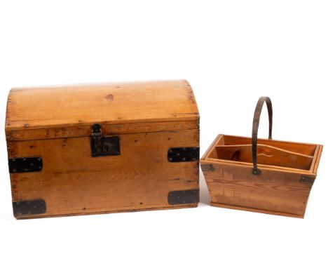 An antique pine dome-topped trunk together with a housekeeper's box The trunk with iron mounts, carrying handles to the side 