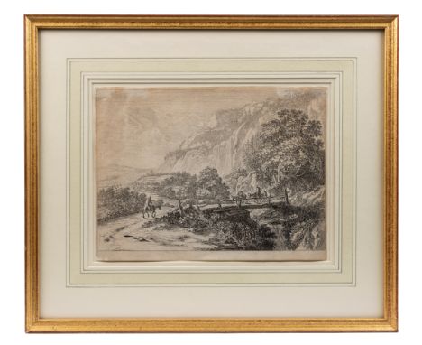 Jan Dirksz Both (Dutch 1618-1652) 'The Wooden Bridge, Sulmona near Tivoli', etching.19cm x 26cm.Qty: 1Discolouration. Framed 
