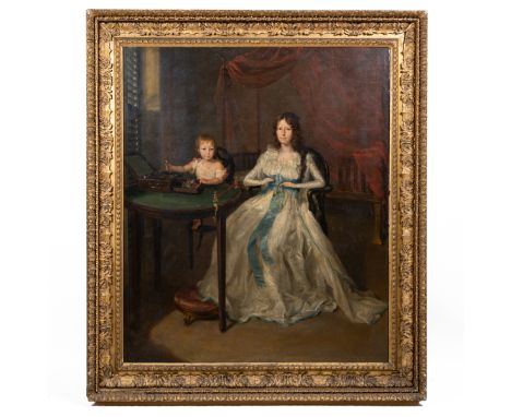 18th century British School A portrait pair of a teenage girl knitting with her younger sister, oil on canvas, indistinctly s