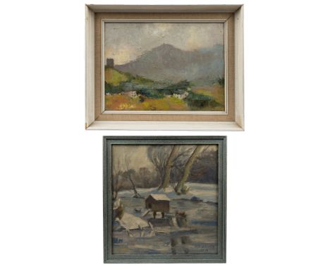 Two oil paintings The first a highland scene with a bothy, oil on canvas laid on board; together with a duck pond in the snow