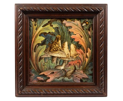 A Victorian large Minton Hollins & Co decorated tile The painted tile decorated with frogs and shrews amongst leaves, signed 