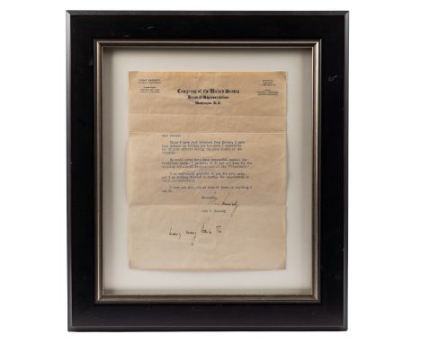 A Signed letter by John. F. Kennedy KENNEDY JOHN F.: (1917-1963) American President 1961-63. Assassinated. T.L.S., John Kenne