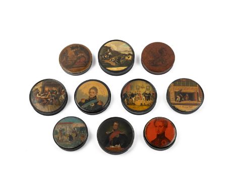 A collection of nine papier-mâché snuff boxes The lids decorated with printed hand-coloured pictures to include a portrait of