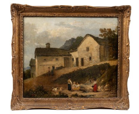 Attributed to Julius Caesar Ibbetson (British 1759-1817) Old houses with children by a well, oil on canvas.34cm x 29cmQty: 1S
