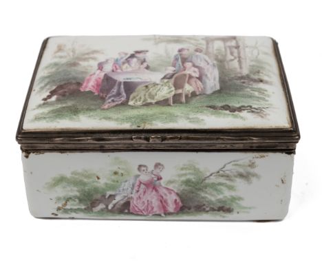A French enamel snuff box  The exterior painted with fete galant scenes, the lid opening to reveal a miniature in watercolour
