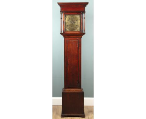 A George III thirty-hour longcase clock  The case of simple form with outset turned column, the birdcage movement fronted by 