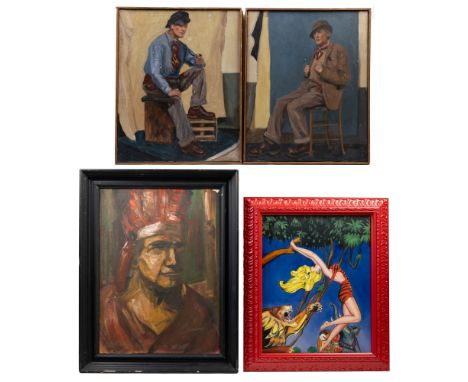 A collection of four portraits To consist of Inez Brewton, a pair of portraits of working men, oil on canvas, signed to the b