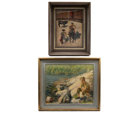 Two pictures The first Gustaff Magnusson, a figure seated by a river, oil on board, signed and dated lower right 'Gustaff Mag