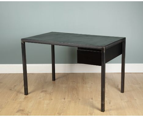 A modern steel framed desk With a leather inset top and a single drawer.125cm wide x 76cm deep x 82.5cm highQty: 1In generall