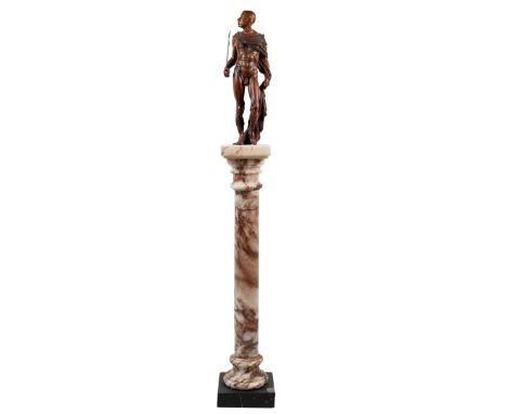 Ian Norbury (British b.1948-) A carved wooden figure of a gladiator on an alabaster column base.The statue 49cm high. The bas