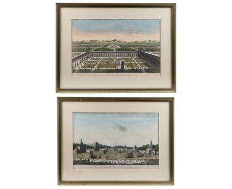 Two French hand coloured etchings 'Vue Perspective Du G'Etang De Buen Retiro, Maison Du Plaisance Du Roy D'Espagne' and 'Vue 