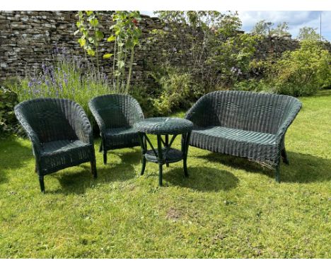 A set of child's green-painted wicker Lloyd Loom style garden furniture Consisting of a small sofa, two armchairs and a circu