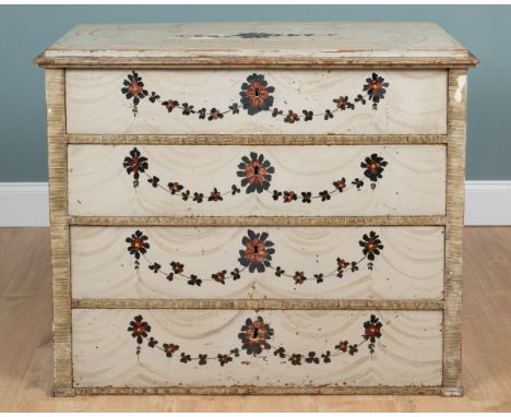 A 19th century Swedish commode The commode with four drawers, and a pine carcass decoratively painted with swirling designs a