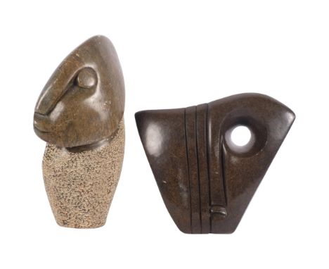 A carved soapstone abstract sculpture, signed R Mteki, 18cm, and a stylised carved stone bust