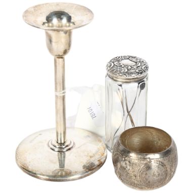 A modern 925 silver single candlestick, an Indian white metal napkin ring, and an Art Nouveau silver-topped dressing table bo
