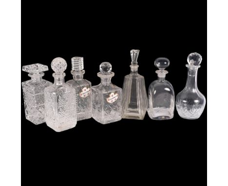 A Webb Corbett decanter and stopper, 6 others, and a pair of Royal Adderley ceramic decanter labels 