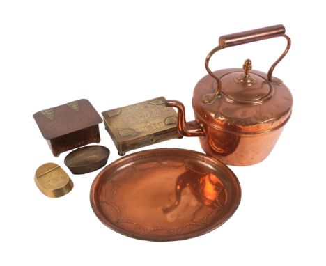 Antique copper kettle, H24cm, 1914 brass snuff/tobacco box, and another, 2 decorative boxes, vase and a copper tray 