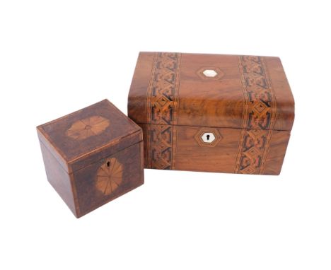 19th century burr-walnut and marquetry decorated tea caddy with fitted inner lid, and a Victorian walnut sewing box (2) 