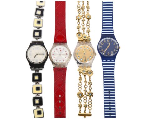 4 various lady's Swatch quartz wristwatches, including models Chessboard, Ora D'Aria, Strawberry Jam, and Golden Flower (4)On